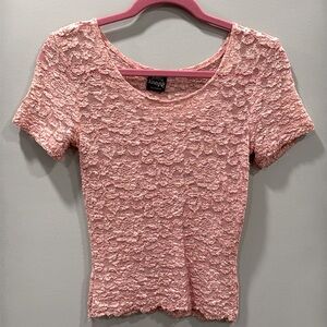 Vintage Lace Top Floral Sheer Rose Pink Short Sleeve Crew Neck Scoopneck Shirt S